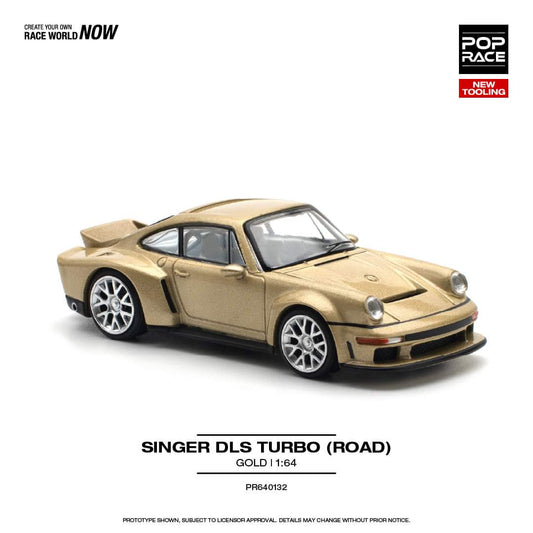 Gold model car of Singer DLS Turbo on a white background with branding text.