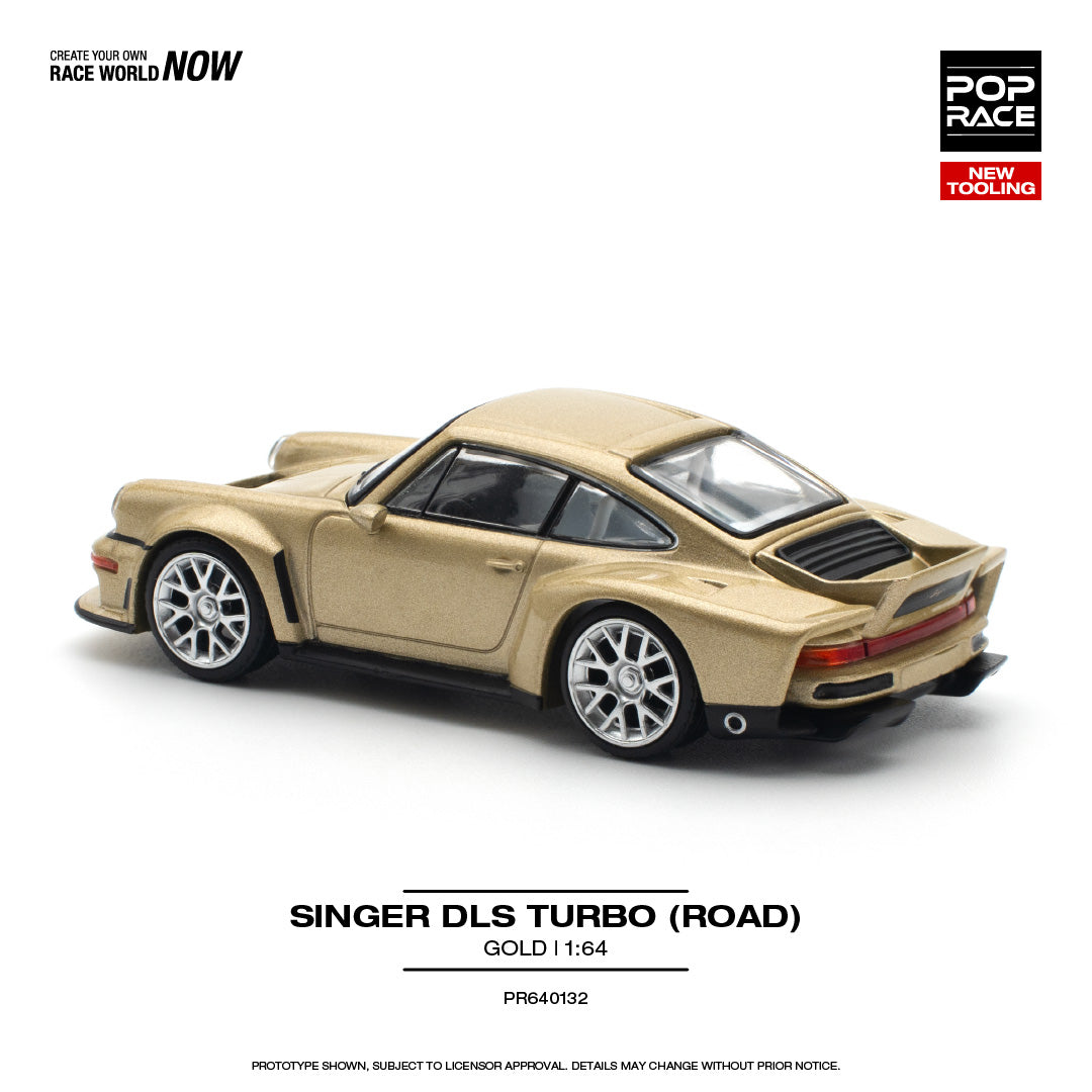 Model car of a Singer DLS Turbo on a white background with branding and product details.