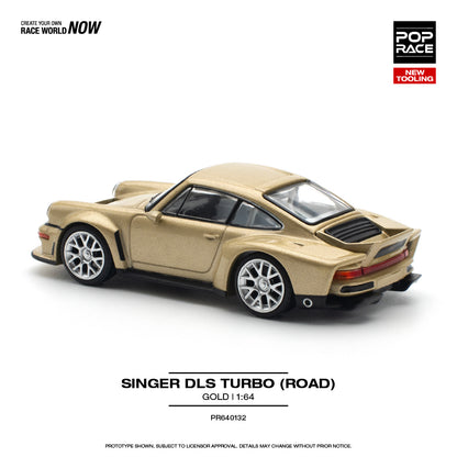 Model car of a Singer DLS Turbo on a white background with branding and product details.