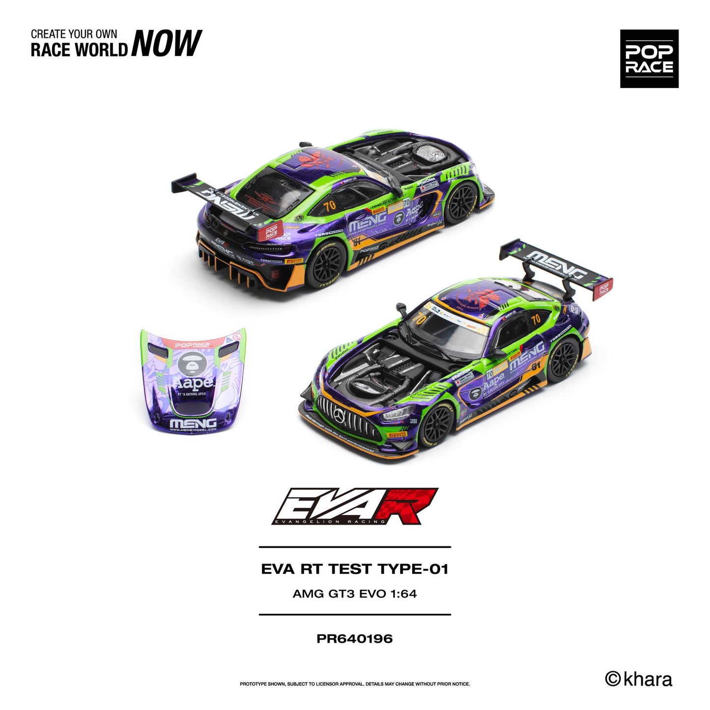 A 1:64 scale model car kit by POP RACE, featuring two views of a purple, green, and orange EVAR AMG GT3 EVO racing car, along with a separate front hood piece and product text details on a white background.
