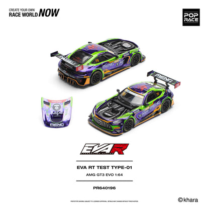 A 1:64 scale model car kit by POP RACE, featuring two views of a purple, green, and orange EVAR AMG GT3 EVO racing car, along with a separate front hood piece and product text details on a white background.