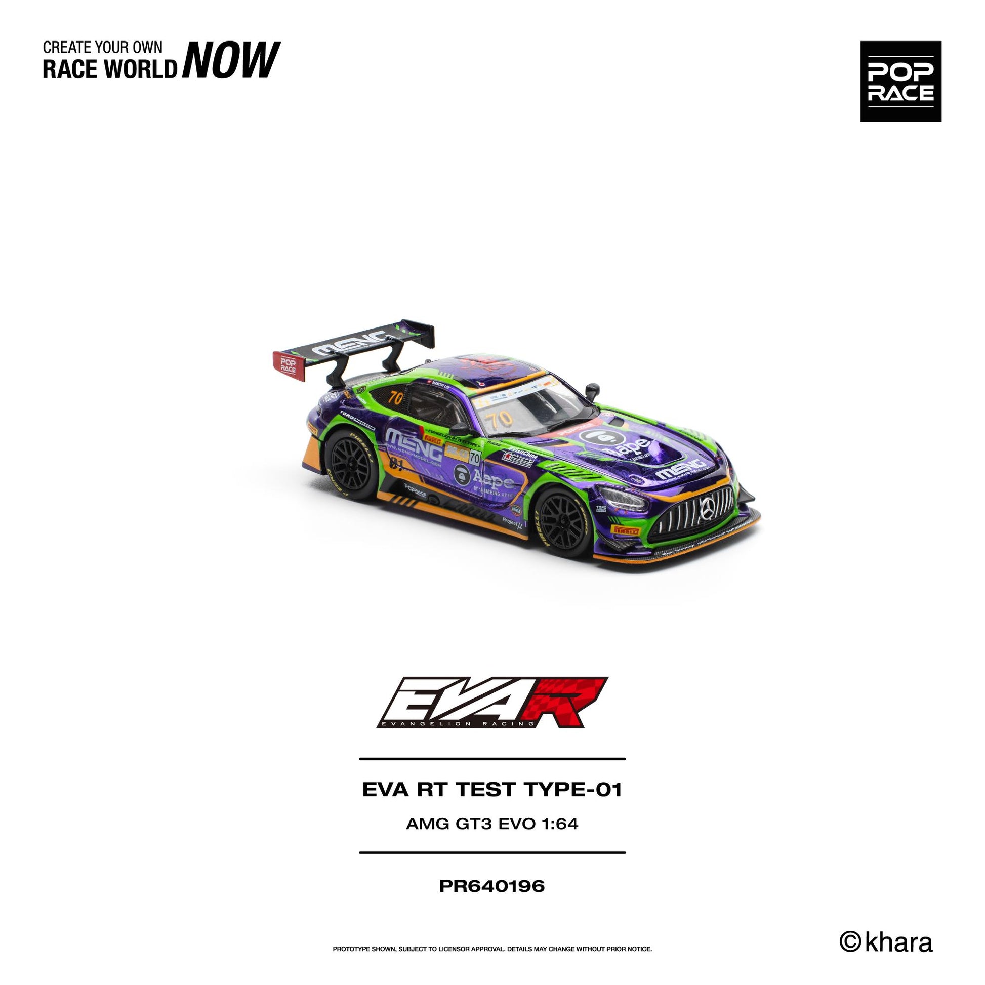 A 1:64 scale model of the EVAR AMG GT3 EVO race car, shown on a clean white background with brand logos and product text below.