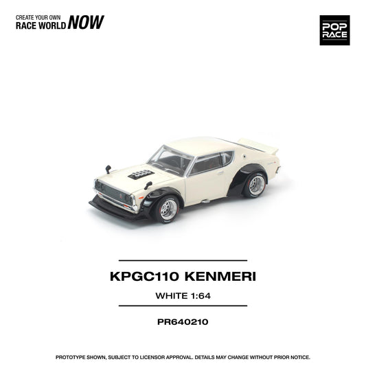 Model car of KPGC110 Kenmeri in white on a white background with branding text.