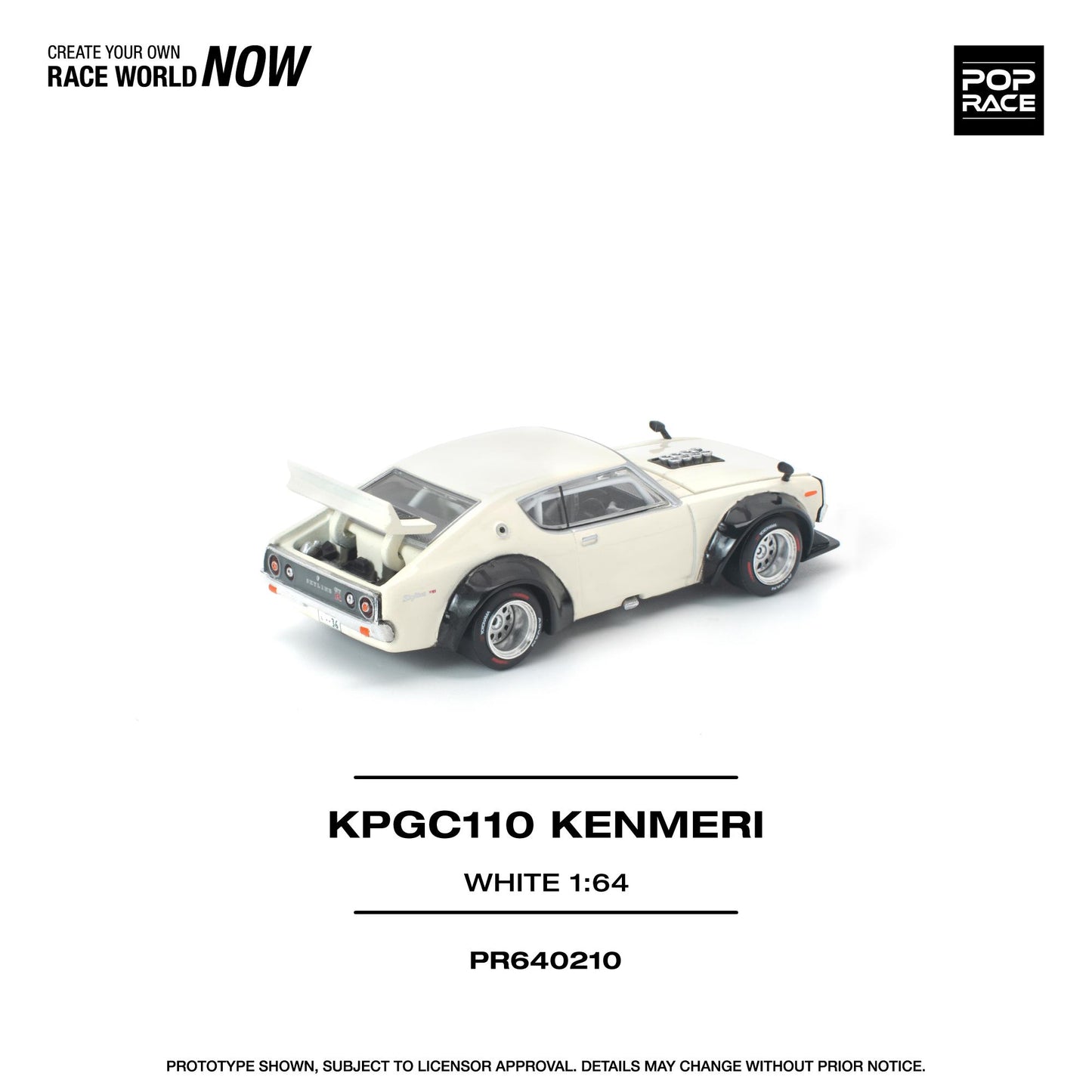 Model car of a white sports car with branding and product details on a white background