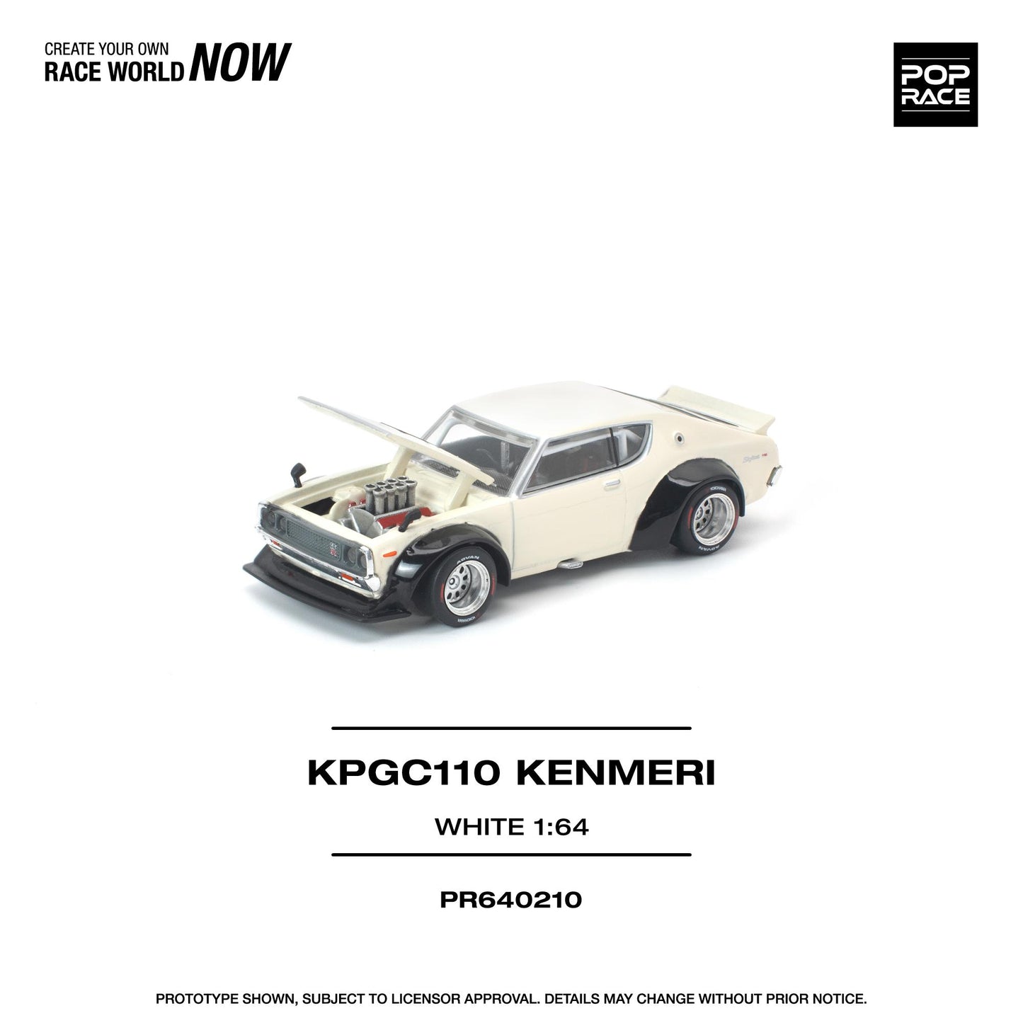 White model car with open hood on a white background, featuring 'Pop Race' branding.