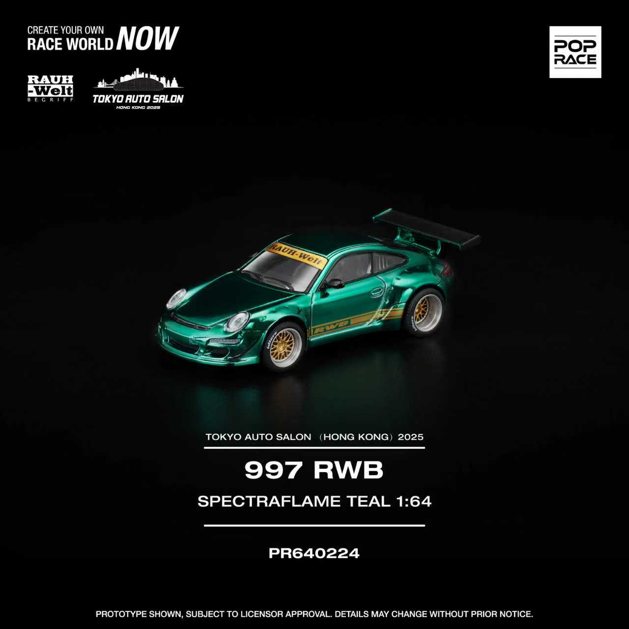 Model car of a green Porsche 997 RWB with branding and product details on a black background