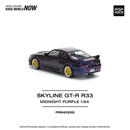A 1:64 scale model of a Nissan Skyline GT-R R33 Nismo in Midnight Purple color, labeled as 'SKYLINE GT-R33 NISMO' and 'MIDNIGHT PURPLE'.