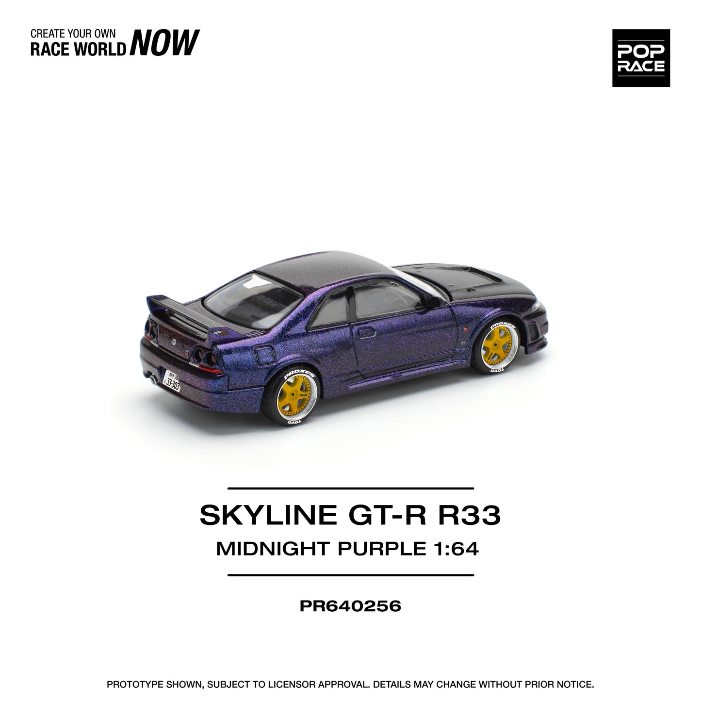 A 1:64 scale model of a Nissan Skyline GT-R R33 Nismo in Midnight Purple color, labeled as 'SKYLINE GT-R33 NISMO' and 'MIDNIGHT PURPLE'.