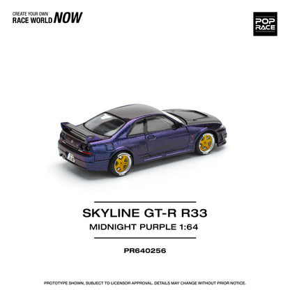 A 1:64 scale model of a Nissan Skyline GT-R R33 Nismo in Midnight Purple color, labeled as 'SKYLINE GT-R33 NISMO' and 'MIDNIGHT PURPLE'.