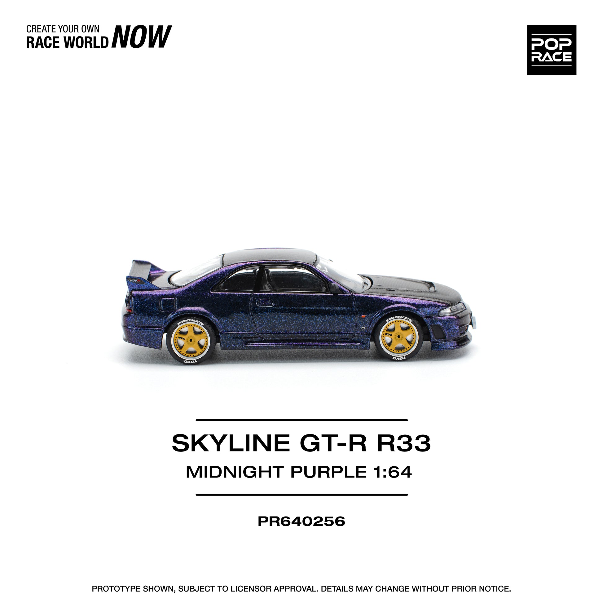 A 1:64 scale model of a Nissan Skyline GT-R R33 Nismo in Midnight Purple color, labeled as 'SKYLINE GT-R33 NISMO' and 'MIDNIGHT PURPLE'.