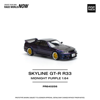 A 1:64 scale model of a Nissan Skyline GT-R R33 Nismo in Midnight Purple color, labeled as 'SKYLINE GT-R33 NISMO' and 'MIDNIGHT PURPLE'.