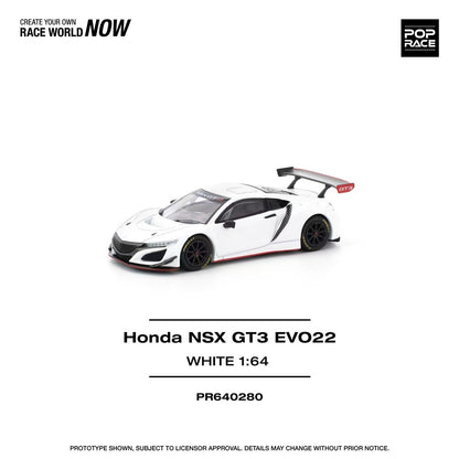A white Honda NSX GT3 EVO22 diecast model car in 1:64 scale, with red and black detailing, and the Pop Race branding.