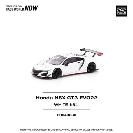 A white Honda NSX GT3 EVO22 diecast model car in 1:64 scale, with red and black detailing, and the Pop Race branding.