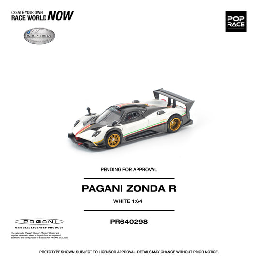 Model car of Pagani Zonda R on a white background with branding and product details.