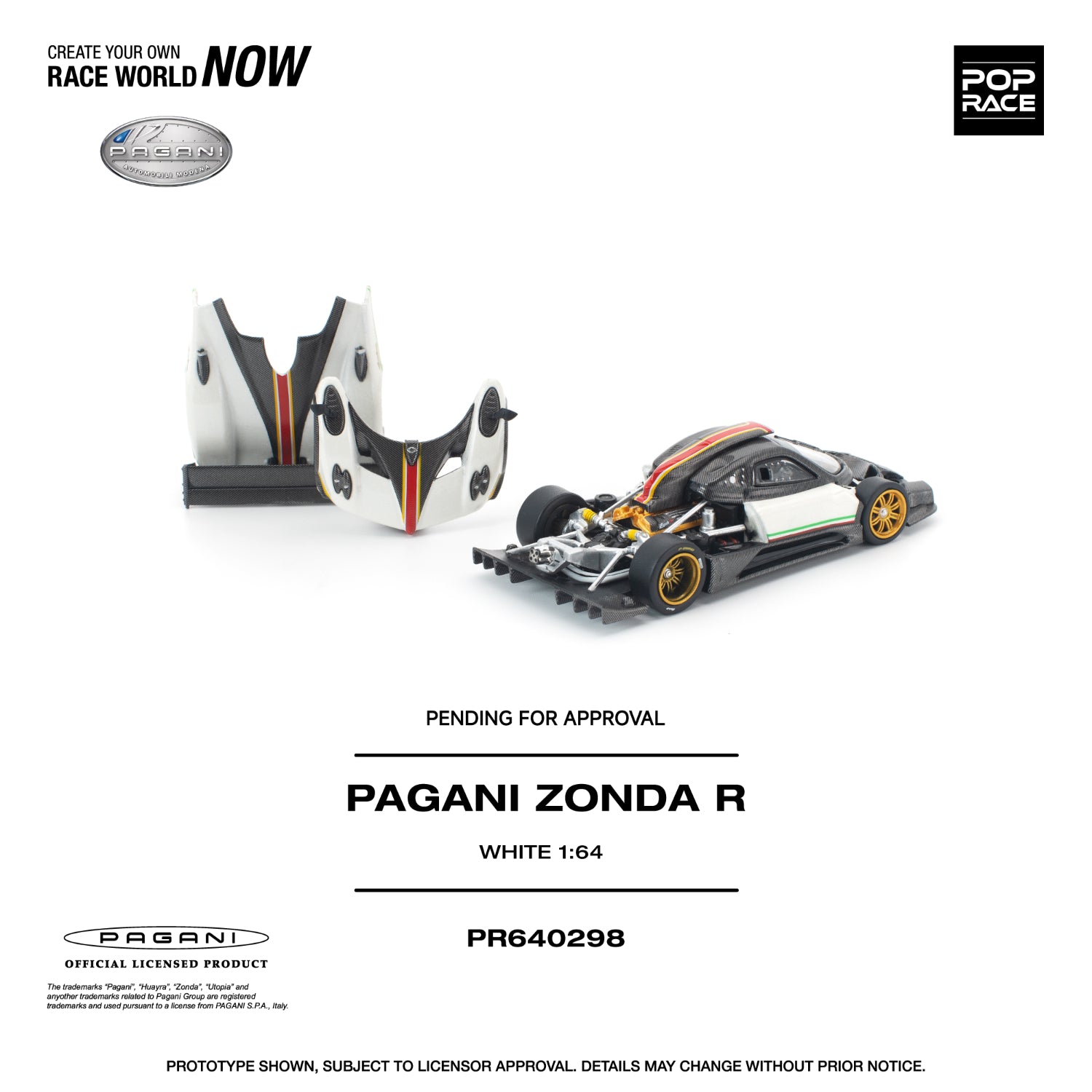 Model car of Pagani Zonda R with white body and black accents on a white background, featuring Pop Race branding.