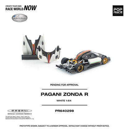 Model car of Pagani Zonda R with white body and black accents on a white background, featuring Pop Race branding.