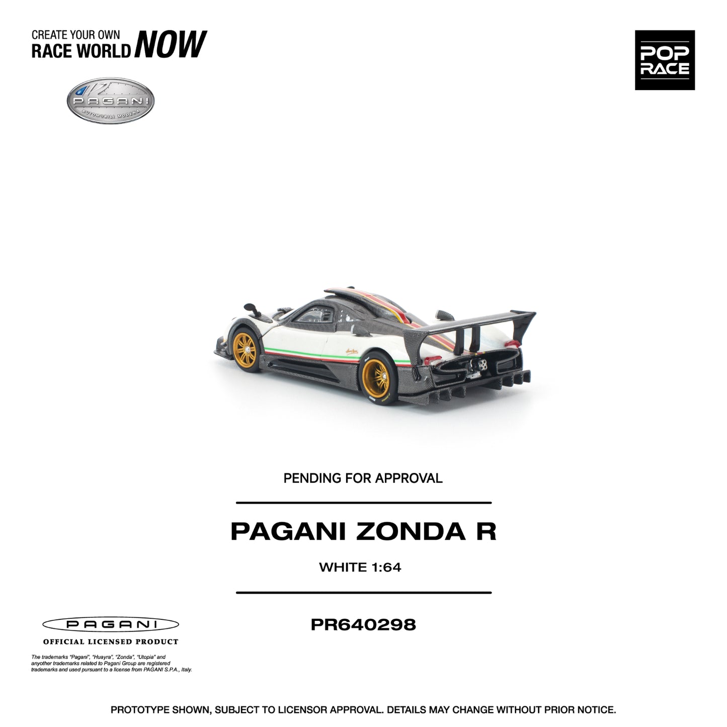 Model of a Pagani Zonda R car on a white background with branding and product details.