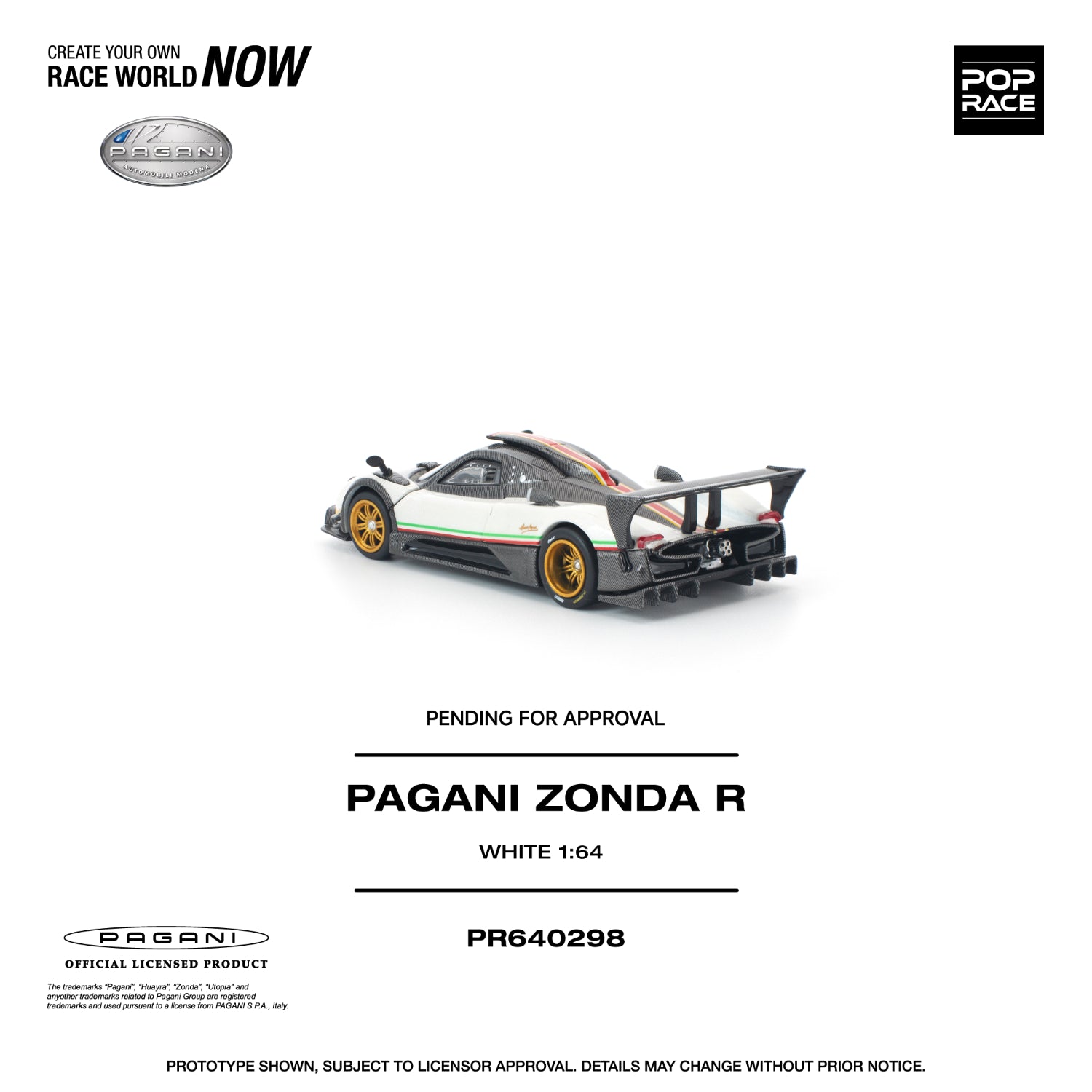 Model of a Pagani Zonda R car on a white background with branding and product details.