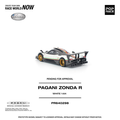 Model of a Pagani Zonda R car on a white background with branding and product details.