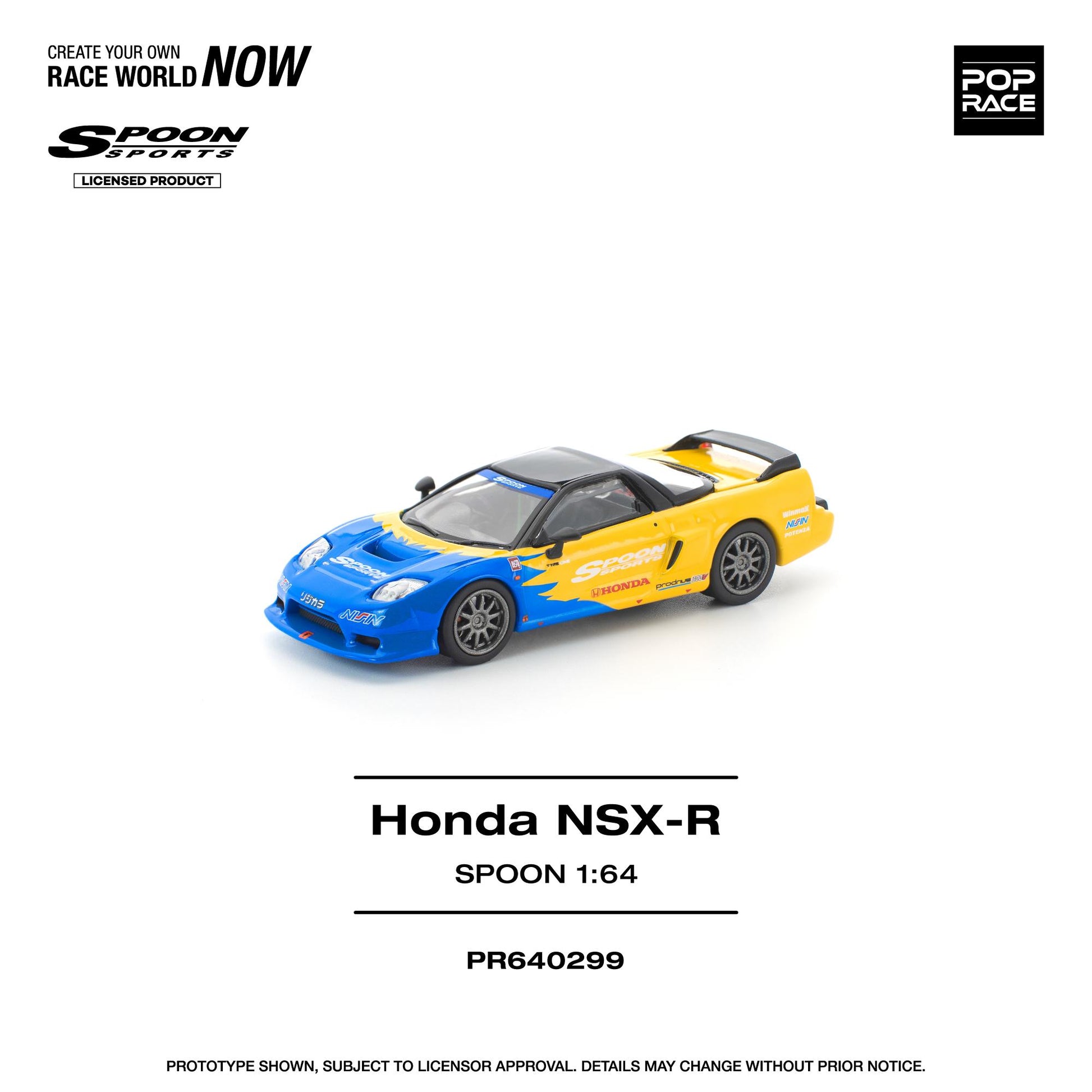 A detailed model of a Honda NSX-R sports car, featuring a blue and yellow color scheme with branding. The model is displayed on a white background, accompanied by text indicating its scale (1:64) and details about its licensing.