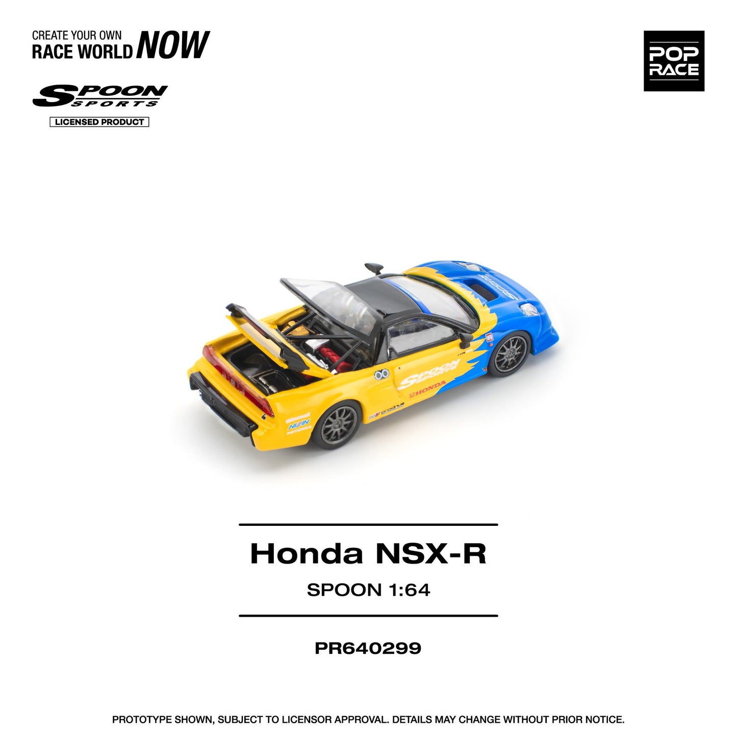 Honda NSX-R model car in Spoon Sports colors, labeled as a 1:64 scale product.