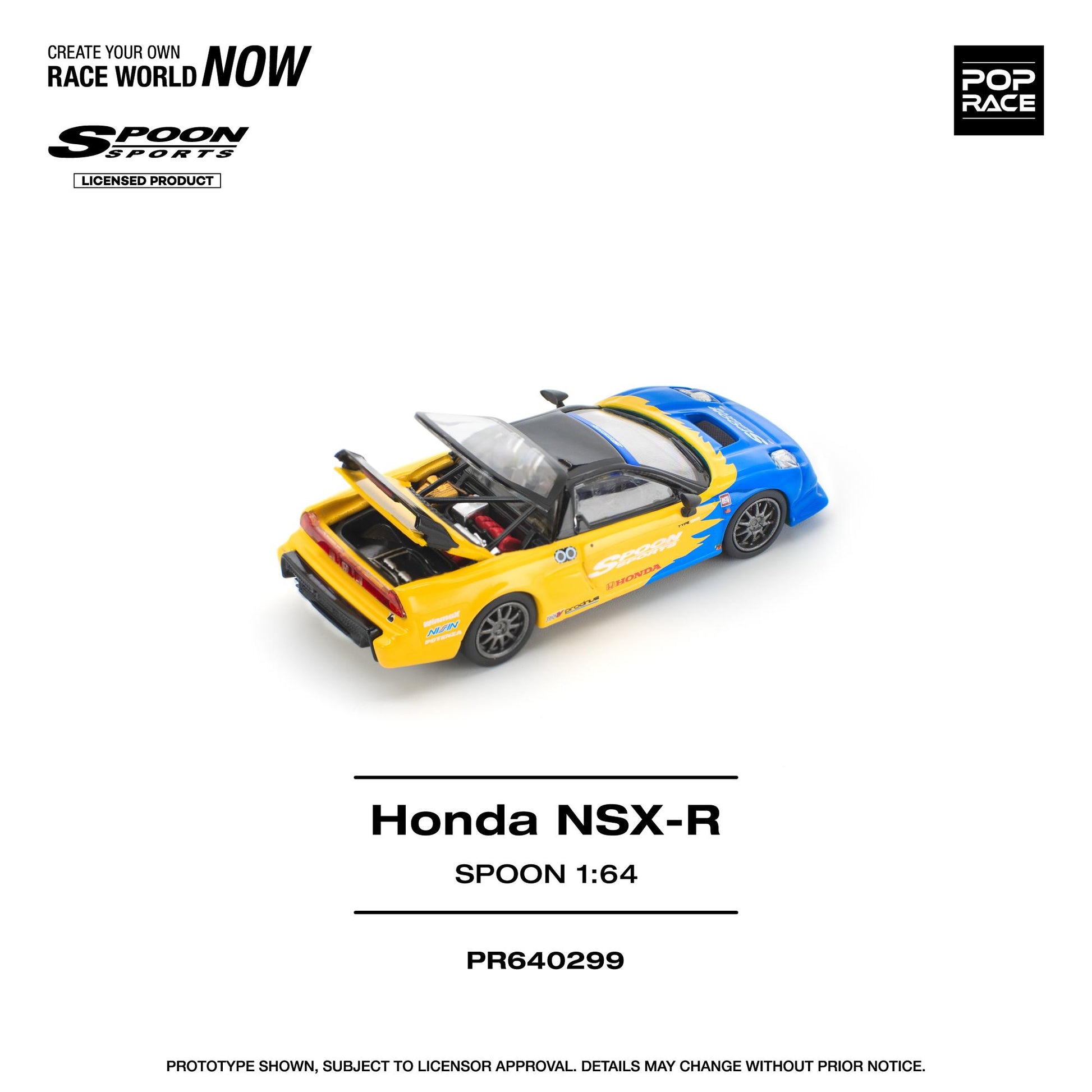 Honda NSX-R model car in Spoon Sports colors, labeled as a 1:64 scale product.