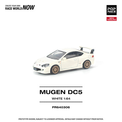 Model car of a Mugen DC5 in white on a white background with branding text.