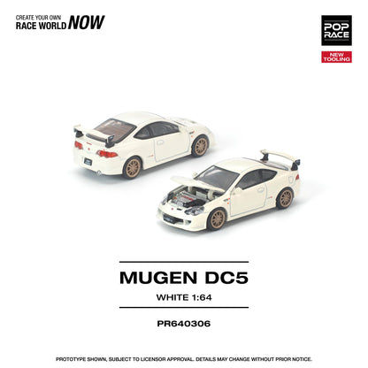 Two white model cars, Mugen DC5, on a white background with Pop Race branding.