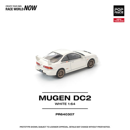 Model car of Mugen DC2 in white on a white background with branding text.
