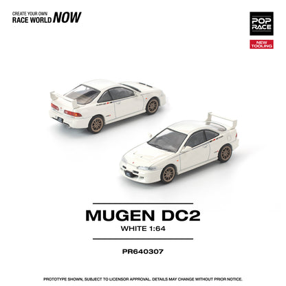 Model car of a Mugen DC2 in white with branding and product details on a white background