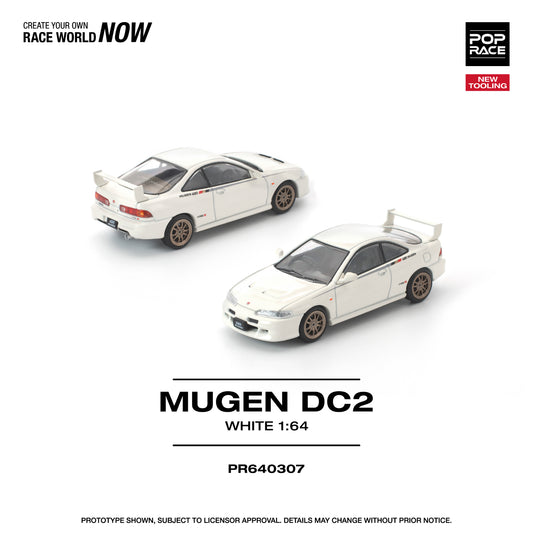 Model car of a Mugen DC2 in white with branding and product details on a white background