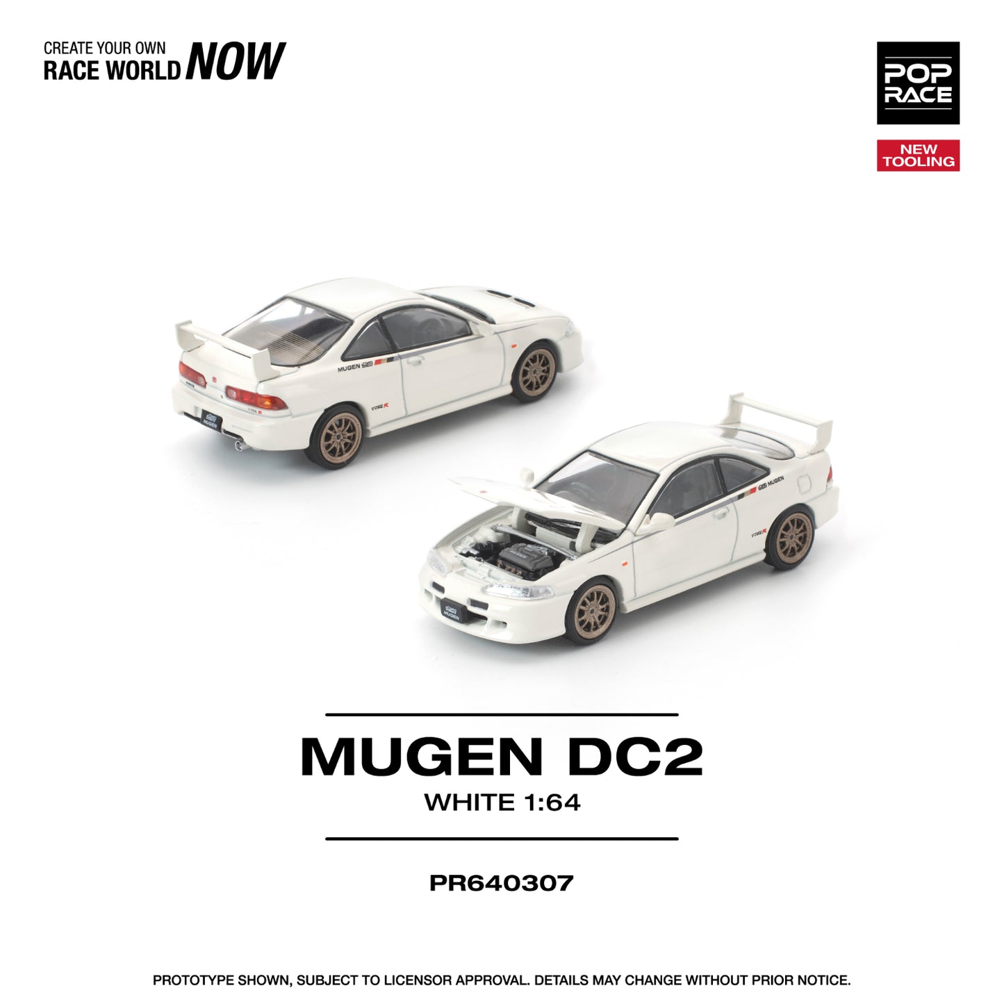 Model car of a Mugen DC2 in white with 'Pop Race' branding on a white background.