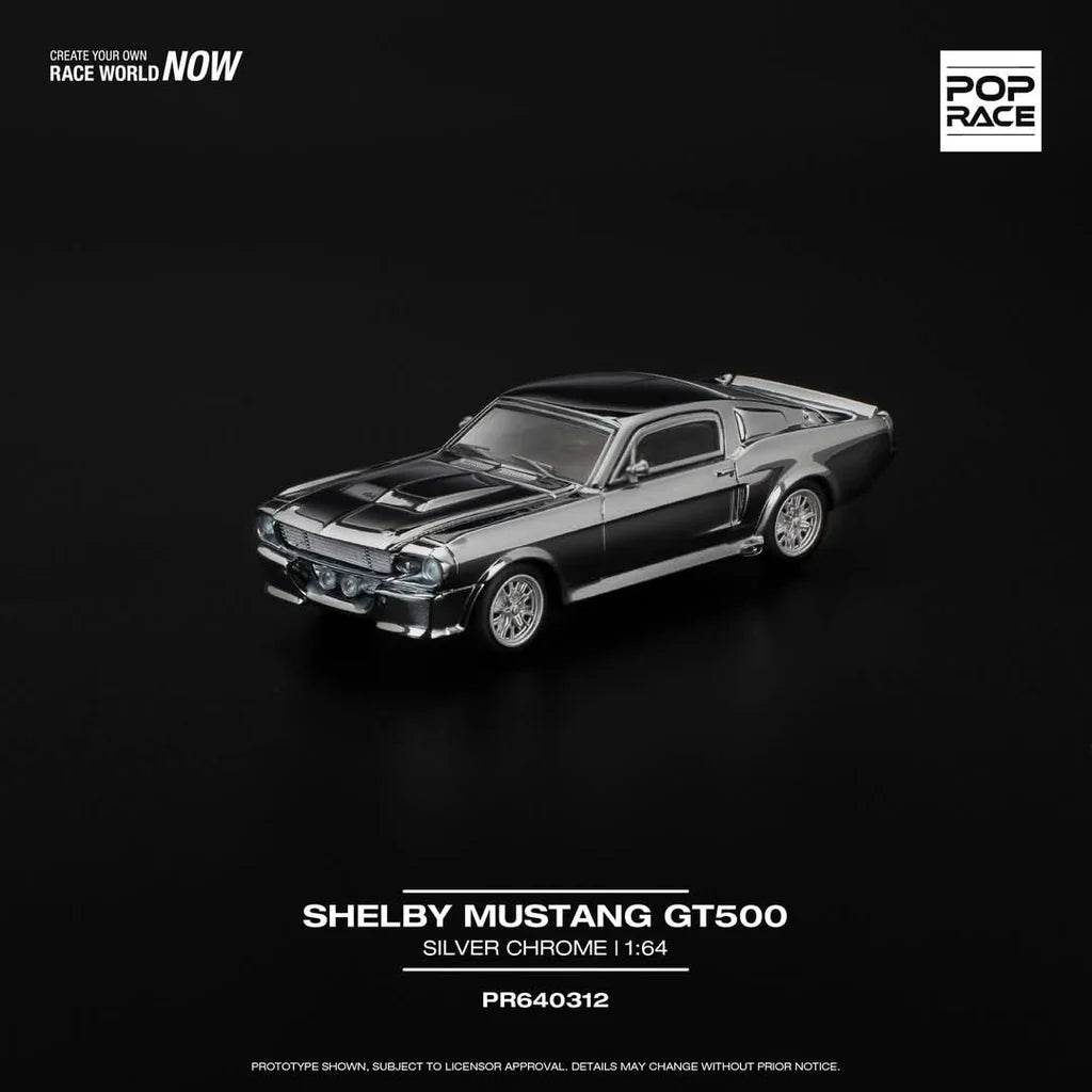 A 1:64 scale diecast model of a Shelby Mustang GT500 in silver color, branded with Pop Race and a product number PR640312.