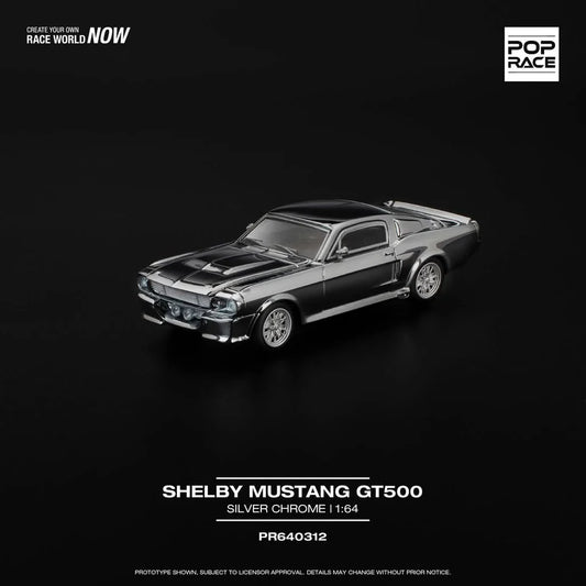 A 1:64 scale diecast model of a Shelby Mustang GT500 in silver color, branded with Pop Race and a product number PR640312.