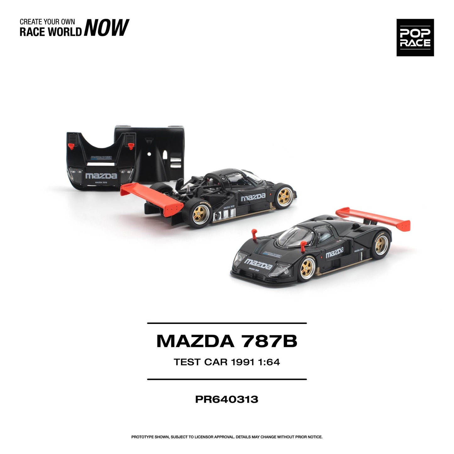 Model of a Mazda 787B test car from 1991 with a white background