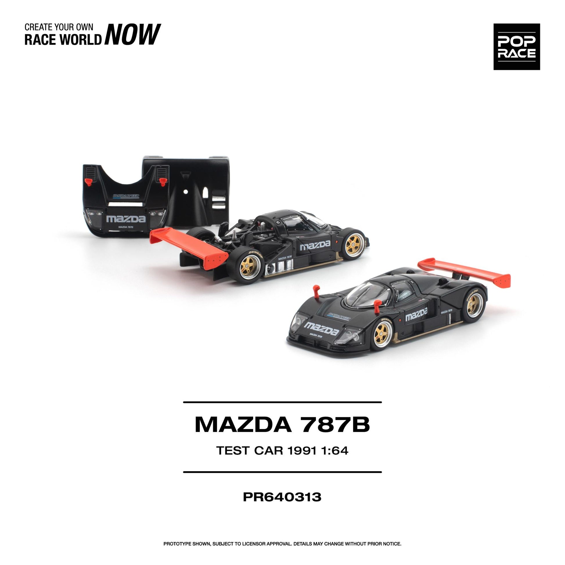 Model of a Mazda 787B test car from 1991 with a white background