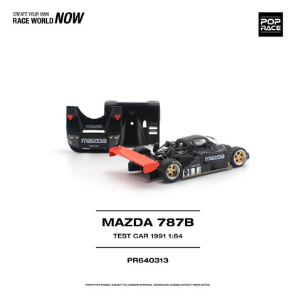 Model of a Mazda 787B race car on a white background with branding and text.