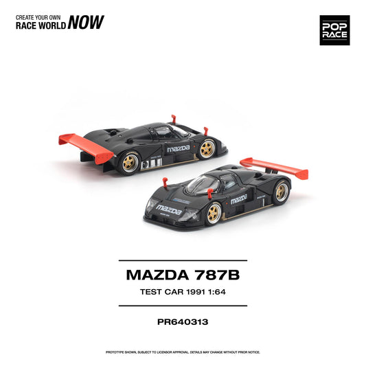 Model of a Mazda 787B race car with red wings on a white background, featuring Pop Race branding.