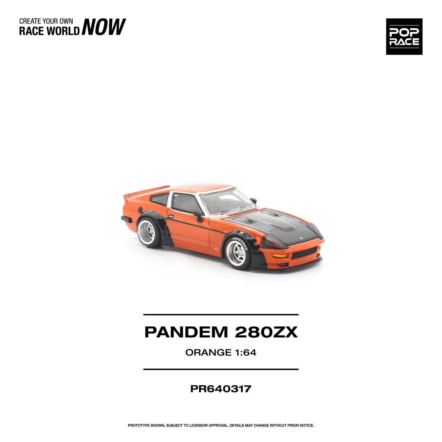 Model car of a Pandem 280ZX in orange on a white background with branding text.