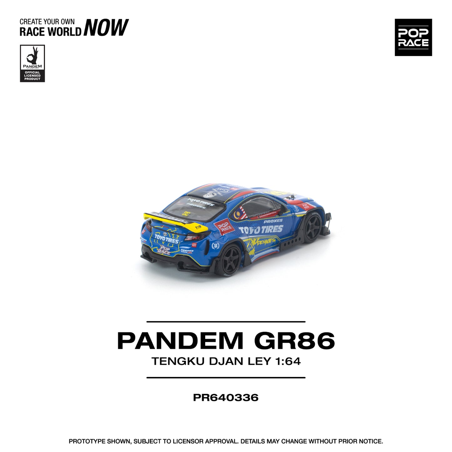 Model car with branding and specifications on a white background