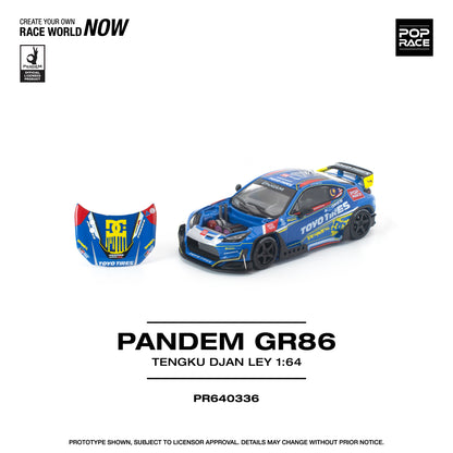 Model car of a Pandem GR86 with branding and product details on a white background