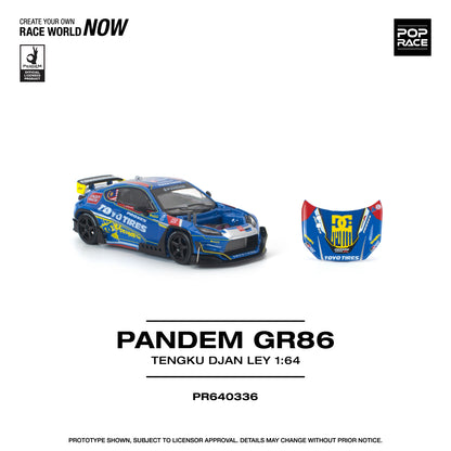 Model car and helmet with 'PANDEM GR86' branding on a white background
