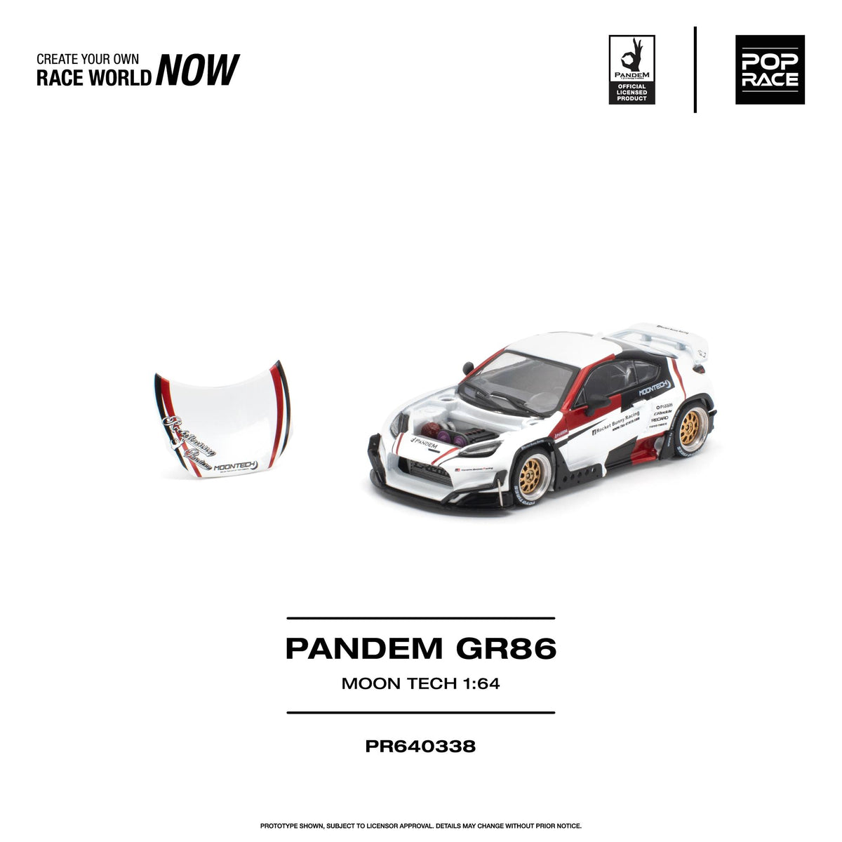 A 1:64 scale model car kit for the Moon Tech PANDEM GR86, featuring a white base with red and black racing graphics, gold wheels, and a matching decal sheet shown on the left. The image includes branding for Pop Race and the Pop Race World Championship, along with product code PR640338.