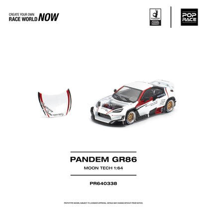 A 1:64 scale model car kit for the Moon Tech PANDEM GR86, featuring a white base with red and black racing graphics, gold wheels, and a matching decal sheet shown on the left. The image includes branding for Pop Race and the Pop Race World Championship, along with product code PR640338.