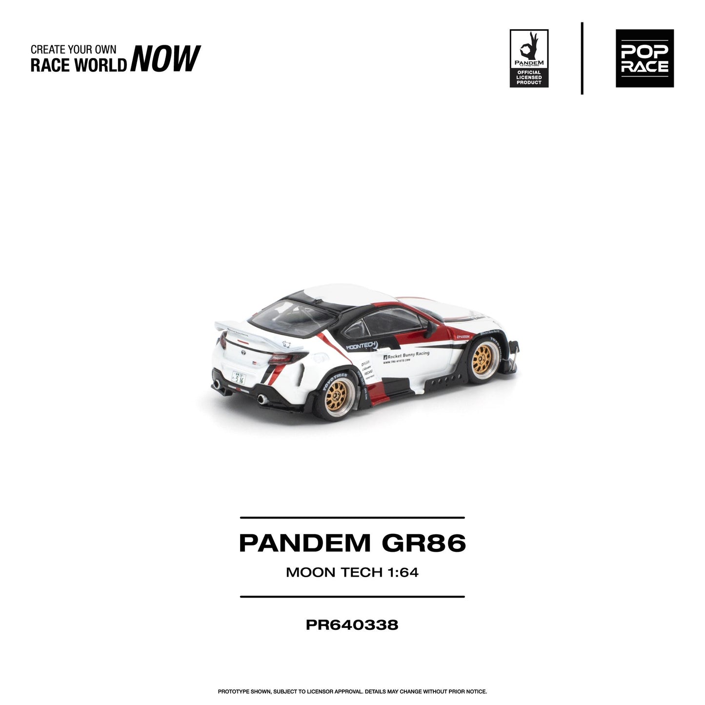 A 1:64 scale model car of the Moon Tech PANDEM GR86, shown from a rear three-quarter angle on a clean white background with product specifications and brand logos.