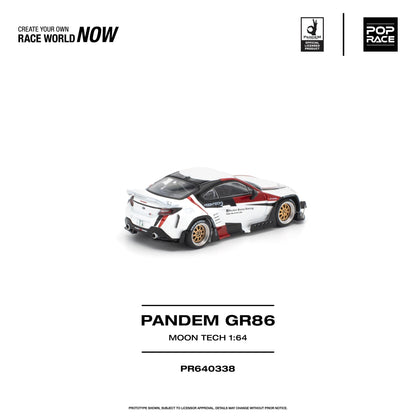 A 1:64 scale model car of the Moon Tech PANDEM GR86, shown from a rear three-quarter angle on a clean white background with product specifications and brand logos.