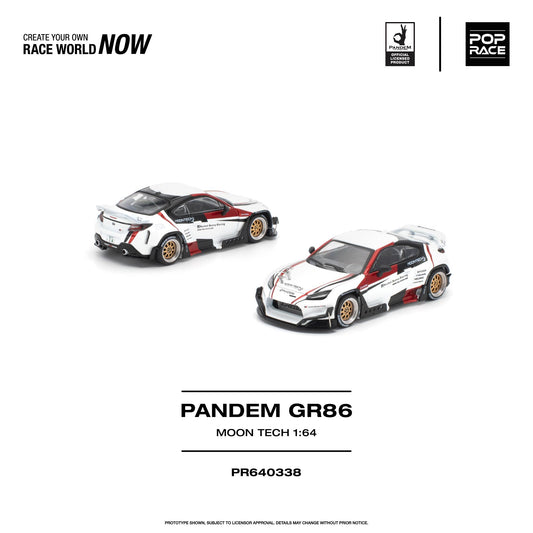 Two 1:64 scale model race cars on a clean white background, with branding and model text. The cars are white with red and black livery and gold wheels.