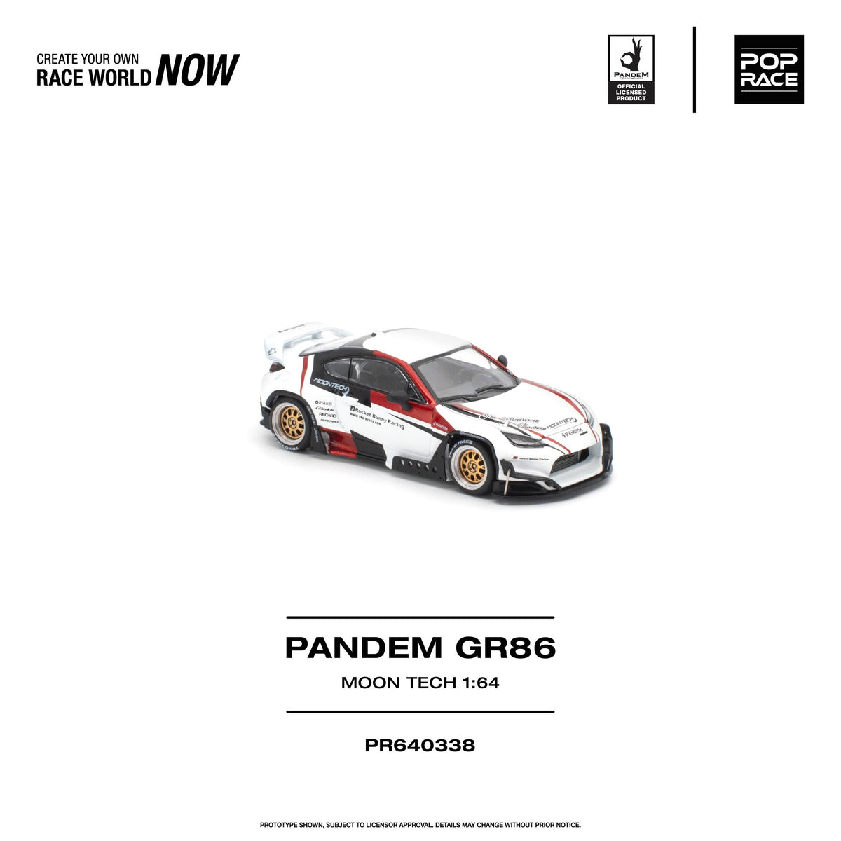 A 1:64 scale model car of the Pandem GR86 from Moon Tech, shown on a clean white background with product details and brand logos.