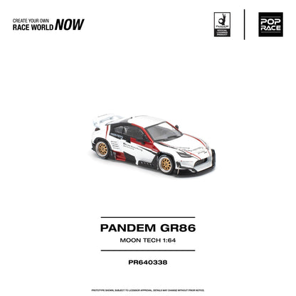 A 1:64 scale model car of the Pandem GR86 from Moon Tech, shown on a clean white background with product details and brand logos.