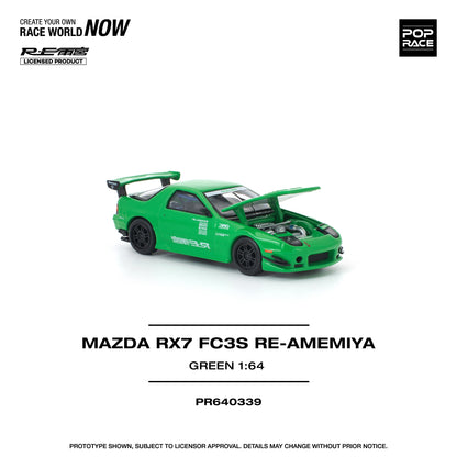 Green Mazda RX7 FC3S RE-Amemiya model car on a white background with branding and product details.